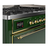 ILVE UM60FQNR3EGGLP Majestic III 60 inch Dual Fuel Range with 9 Burners and Griddle, Dual Function Burner up to 25,000 BTU (Liquid Propane, Solid Door, Emerald Green, Brass)