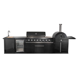 Forno All Aperto 87,600 BTU Outdoor Kitchen, 4 Burners, Infrared Burners, Side Burner, Black Sintered Stone Countertops, Gas Pizza Oven, Sink Module, Bar & Beverage Center