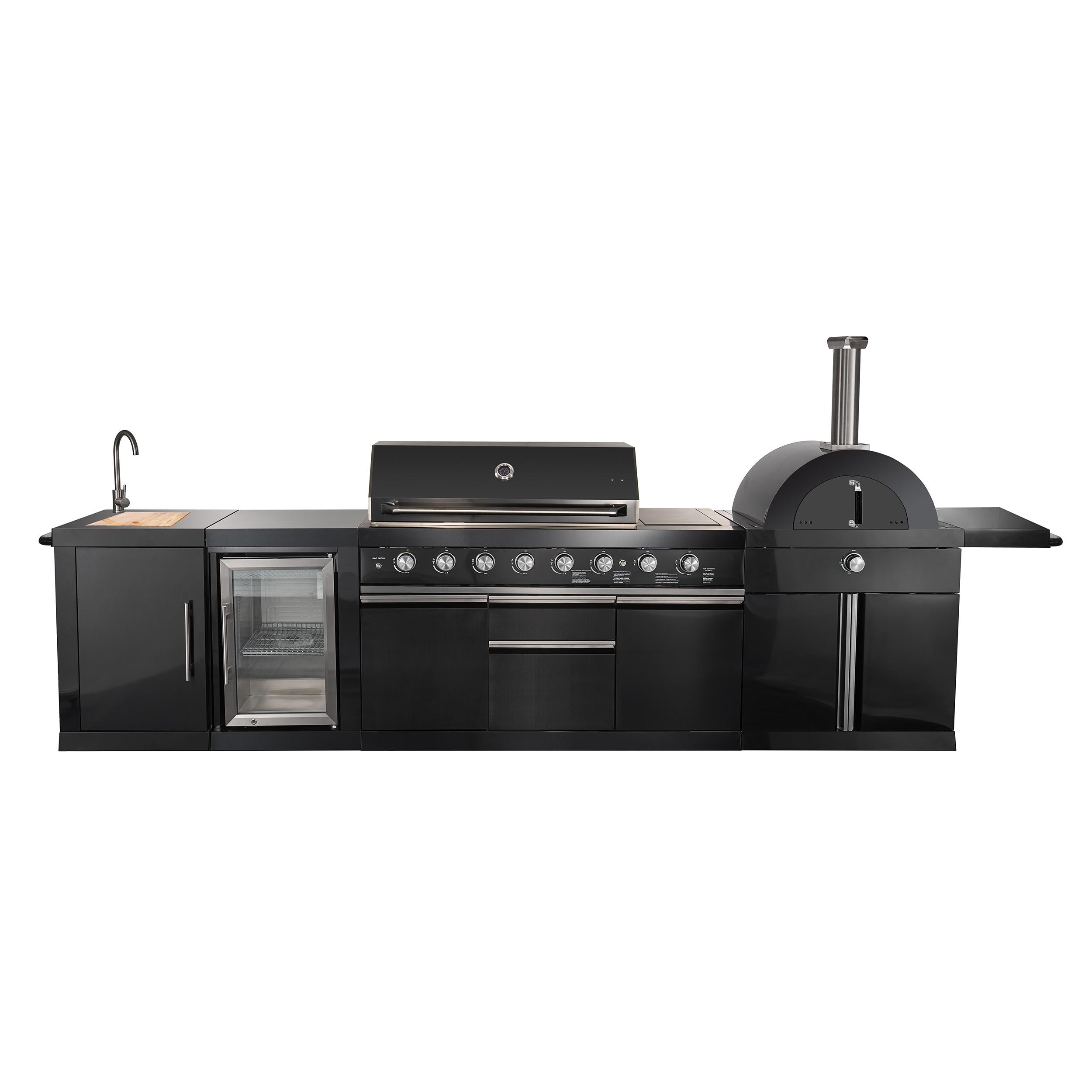 Forno All Aperto 87,600 BTU Outdoor Kitchen, 4 Burners, Infrared Burners, Side Burner, Black Sintered Stone Countertops, Gas Pizza Oven, Sink Module, Bar & Beverage Center