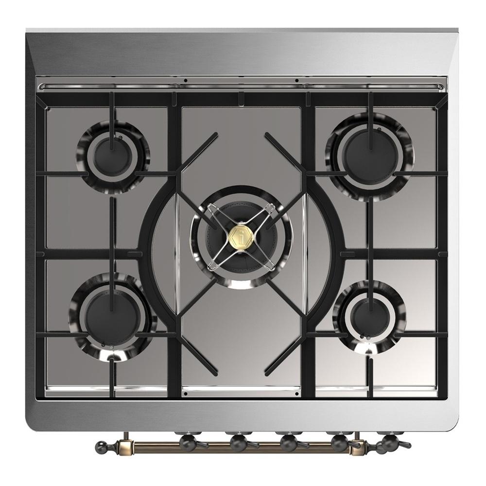 ILVE UM30QNR3BKBLP Majestic III 30 inch Dual Fuel Range with 5 Black Brass Burners, Dual Function Burner up to 25,000 BTU (Liquid Propane, Solid Door, Glossy Black, Burnished)