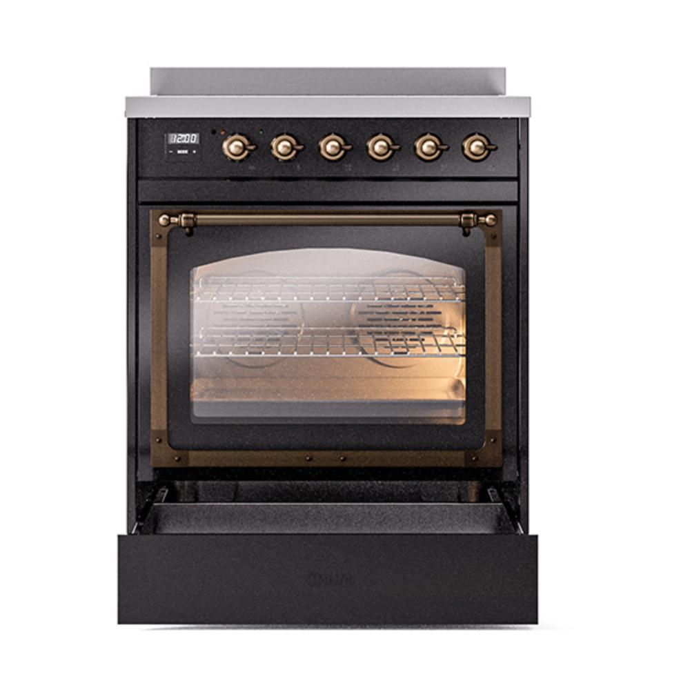 ILVE UNI304NMPBKB Nostalgie II Noblesse 30 inch Induction Range (Triple Glass Door, Glossy Black, Burnished)