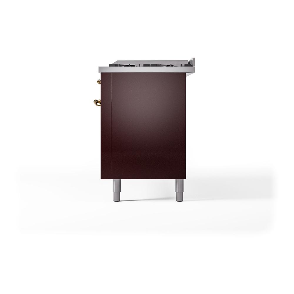 ILVE UN60FQNMPBUGLP Nostalgie II Noblesse 60 inch Dual Fuel Range (9 Sealed Burners + Griddle, Liquid Propane, Solid Door, Burgundy, Brass)