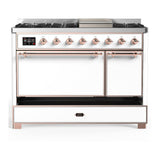 ILVE UM48FQNR3WHPLP Majestic III 48 inch Dual Fuel Range with 8 Burners and Griddle, Dual Function Burner up to 25,000 BTU (Liquid Propane, Solid Door, White, Copper)