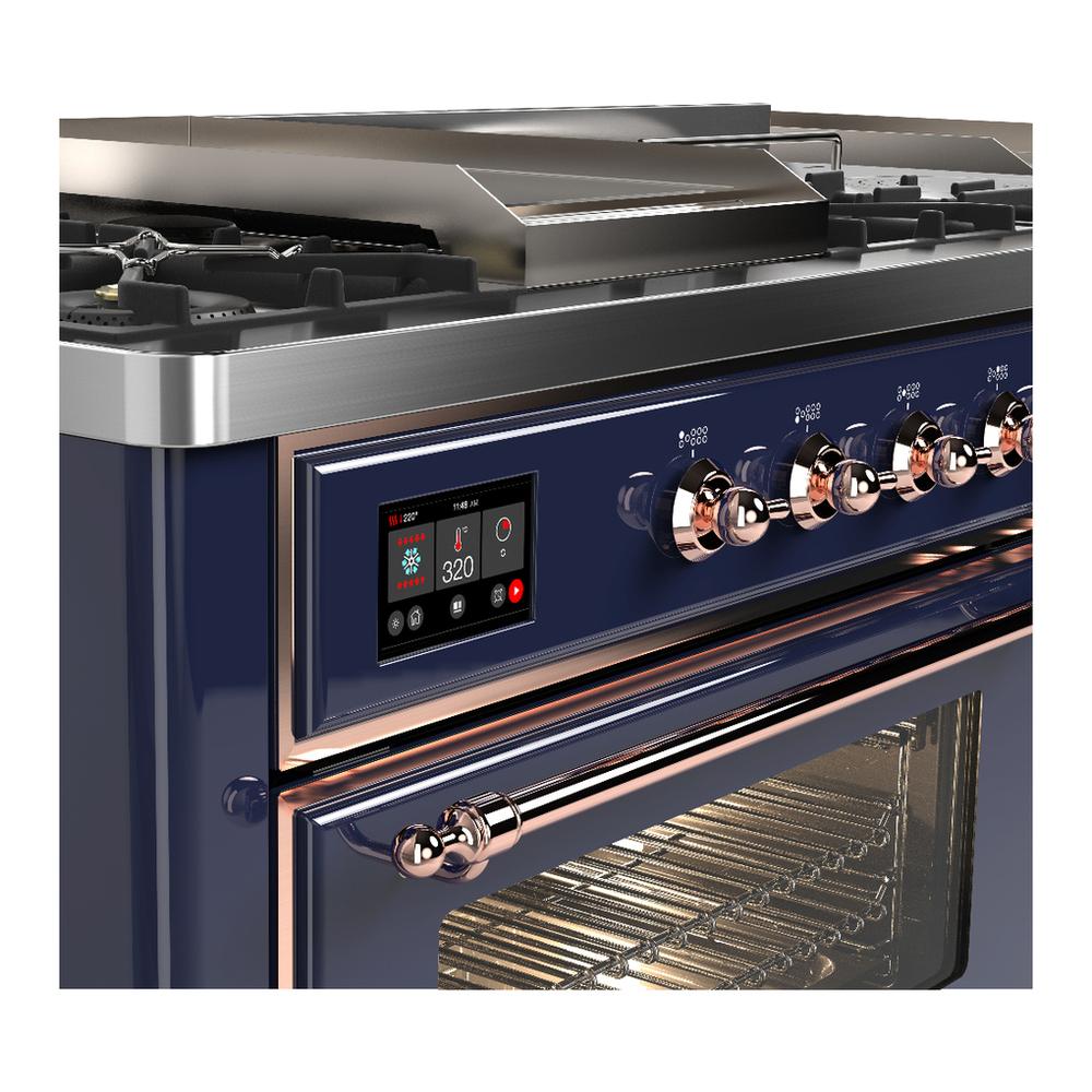 ILVE UM60FSNR3MBPLP Majestic III 60 inch Dual Fuel Range with 7 Burners, Griddle and French Top, Dual Function Burner with up to 25,000 BTU (Liquid Propane, Triple Glass Door, Midnight Blue, Copper)