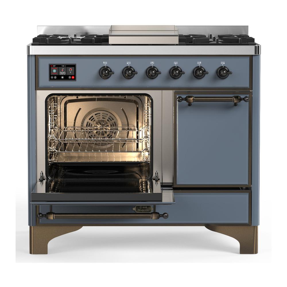 ILVE UMD40FQNR3BGB Majestic III 40 inch Dual Fuel Range with 6 Burners and Griddle, Dual Function Burner up to 25,000 BTU (Natural Gas, Solid Door, Blue Grey, Burnished)