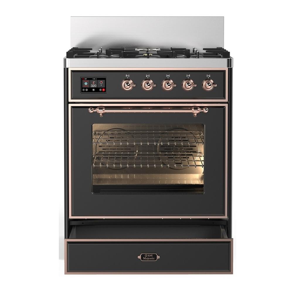 ILVE UM30NR3MGP Majestic III 30 inch Dual Fuel Range with 5 Black Brass Burners, Dual Function Burner up to 25,000 BTU (Natural Gas, Triple Glass Door, Graphite Matte, Copper)