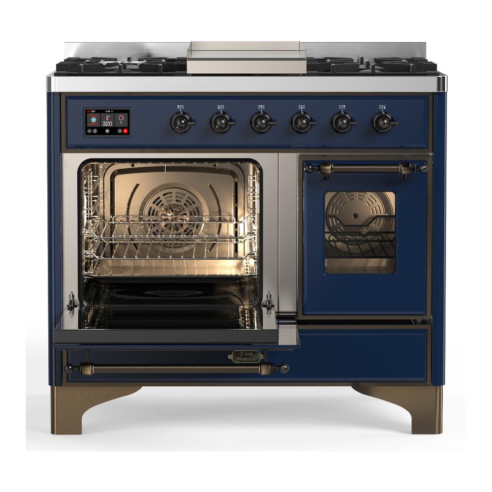 ILVE UMD40FNR3MBB Majestic III 40 inch Dual Fuel Range with 6 Burners and Griddle, Dual Function Burner up to 25,000 BTU (Natural Gas, Triple Glass Door, Midnight Blue, Burnished)