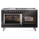 ILVE UN60FSNMPBKBLP Nostalgie II Noblesse 60 inch Dual Fuel Range (7 Sealed Burners + Griddle + French Top, Liquid Propane, Triple Glass Door, Glossy Black, Burnished)
