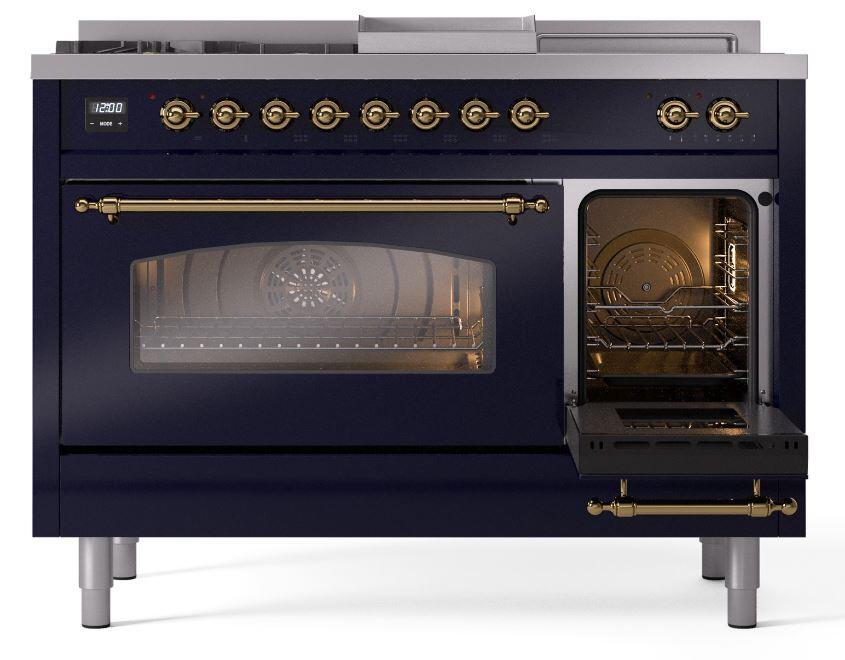 Nostalgie II 48 Inch Dual Fuel Liquid Propane Freestanding Range in Blue with Brass Trim