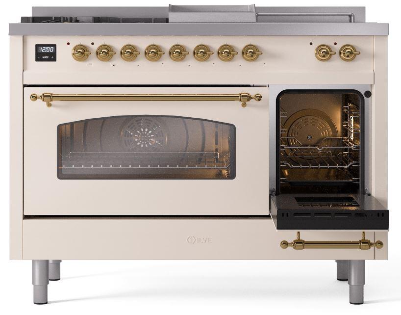 Nostalgie II 48 Inch Dual Fuel Natural Gas Freestanding Range in Antique White with Brass Trim