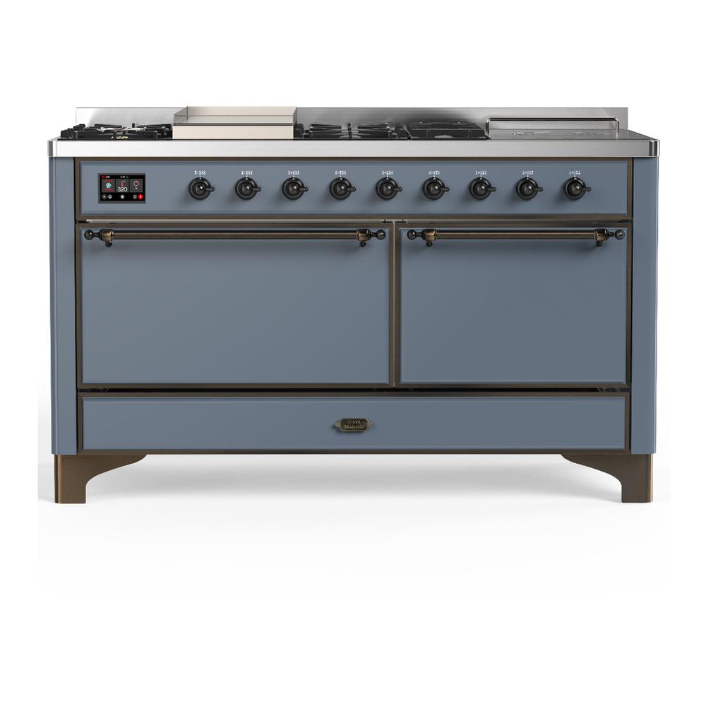 ILVE UM60FSQNR3BGB Majestic III 60 inch Dual Fuel Range with 7 Burners, Griddle and French Top, Dual Function Burner with up to 25,000 BTU (Natural Gas, Solid Door, Blue Grey, Burnished)