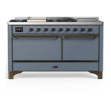 ILVE UM60FSQNR3BGB Majestic III 60 inch Dual Fuel Range with 7 Burners, Griddle and French Top, Dual Function Burner with up to 25,000 BTU (Natural Gas, Solid Door, Blue Grey, Burnished)