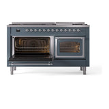 ILVE UN60FNMPBGC Nostalgie II Noblesse 60 inch Dual Fuel Range (9 Sealed Burners + Griddle, Natural Gas, Triple Glass Door, Blue Grey, Chrome)