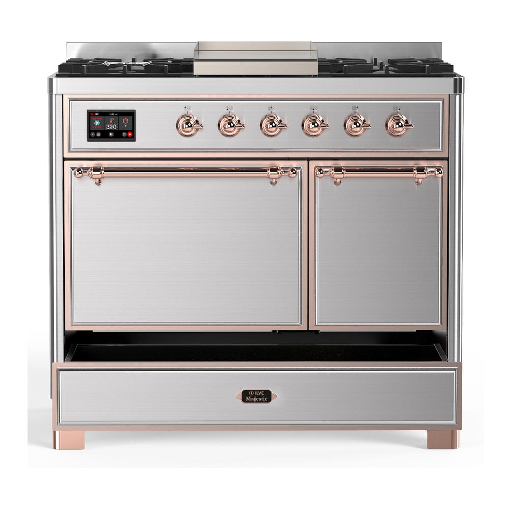 ILVE UMD40FQNR3SSPLP Majestic III 40 inch Dual Fuel Range with 6 Burners and Griddle, Dual Function Burner up to 25,000 BTU (Liquid Propane, Solid Door, Stainless Steel, Copper)
