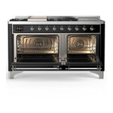 ILVE UM60FSNR3BKCLP Majestic III 60 inch Dual Fuel Range with 7 Burners, Griddle and French Top, Dual Function Burner with up to 25,000 BTU (Liquid Propane, Triple Glass Door, Glossy Black, Chrome)