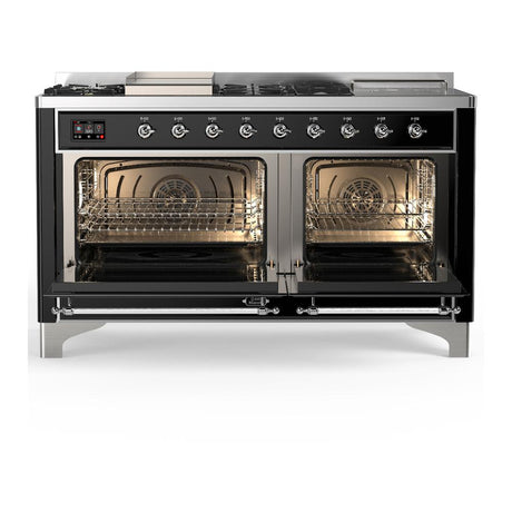 ILVE UM60FSNR3BKCLP Majestic III 60 inch Dual Fuel Range with 7 Burners, Griddle and French Top, Dual Function Burner with up to 25,000 BTU (Liquid Propane, Triple Glass Door, Glossy Black, Chrome)