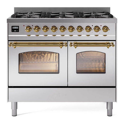 ILVE UPD406NMPSSGLP Nostalgie II 40 inch Dual Fuel Range with 6 Total Black Brass Burners, Brass Trim (Limited Edition) (Liquid Propane, Stainless Steel)