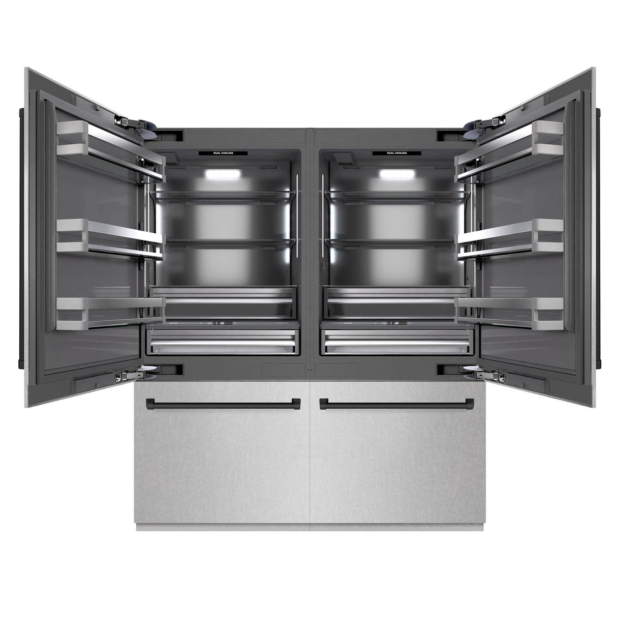 ZLINE Autograph Edition 72 in. 39.6 cu. ft. French Door Built-In Bottom Freezer Refrigerator with Water Dispensers and Ice Makers in DuraSnow' Stainless Steel with Graphite Gray Interior and Matte Black Accents (GRBITZ-SN-72-MB)