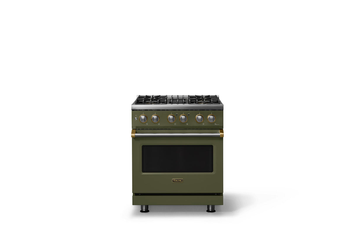 30"W. Dual Fuel Range (Finish: Martini, Trim: Brushed Brass, Fuel: Propane)