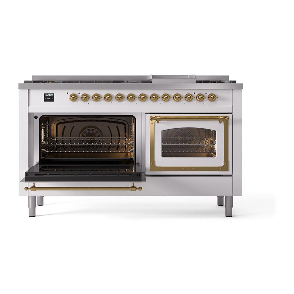 ILVE UN60FNMPWHG Nostalgie II Noblesse 60 inch Dual Fuel Range (9 Sealed Burners + Griddle, Natural Gas, Triple Glass Door, White, Brass)
