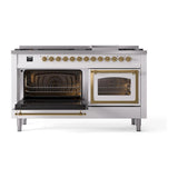 ILVE UN60FNMPWHG Nostalgie II Noblesse 60 inch Dual Fuel Range (9 Sealed Burners + Griddle, Natural Gas, Triple Glass Door, White, Brass)