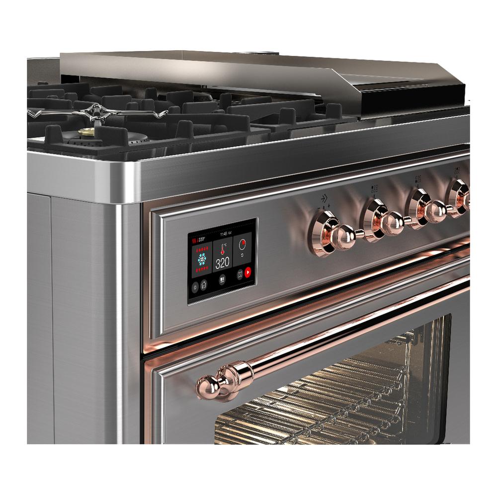 ILVE UM48FSNR3SSPLP Majestic III 48 inch Dual Fuel Range with 5 Black Brass Burners, Griddle and French Top, Dual Function Burner up to 25,000 BTU (Liquid Propane, Triple Glass Door, Stainless Steel, Copper)