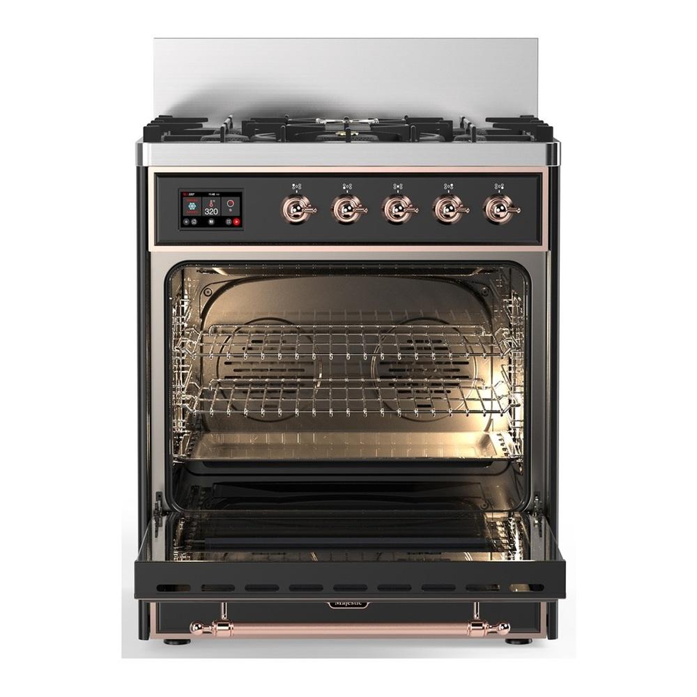 ILVE UM30QNR3MGP Majestic III 30 inch Dual Fuel Range with 5 Black Brass Burners, Dual Function Burner up to 25,000 BTU (Natural Gas, Solid Door, Graphite Matte, Copper)