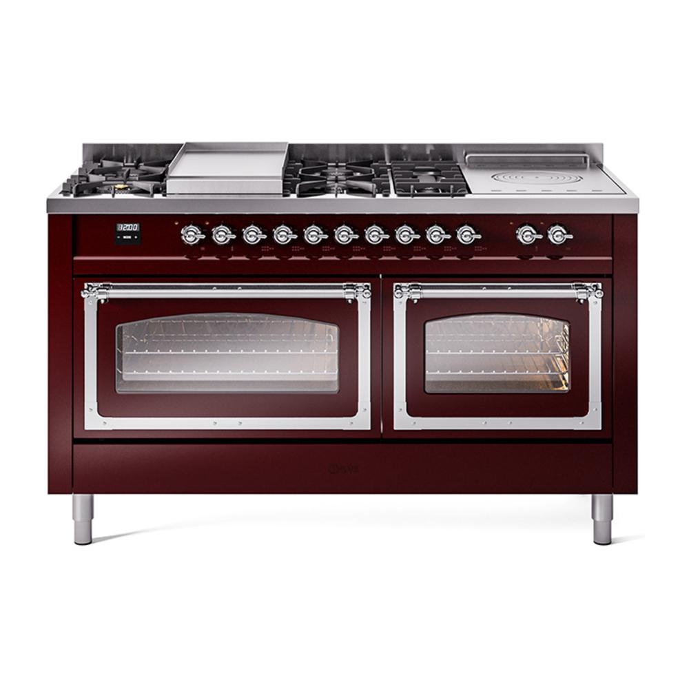 ILVE UN60FSNMPBUC Nostalgie II Noblesse 60 inch Dual Fuel Range (7 Sealed Burners + Griddle + French Top, Natural Gas, Triple Glass Door, Burgundy, Chrome)