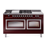 ILVE UN60FSNMPBUC Nostalgie II Noblesse 60 inch Dual Fuel Range (7 Sealed Burners + Griddle + French Top, Natural Gas, Triple Glass Door, Burgundy, Chrome)