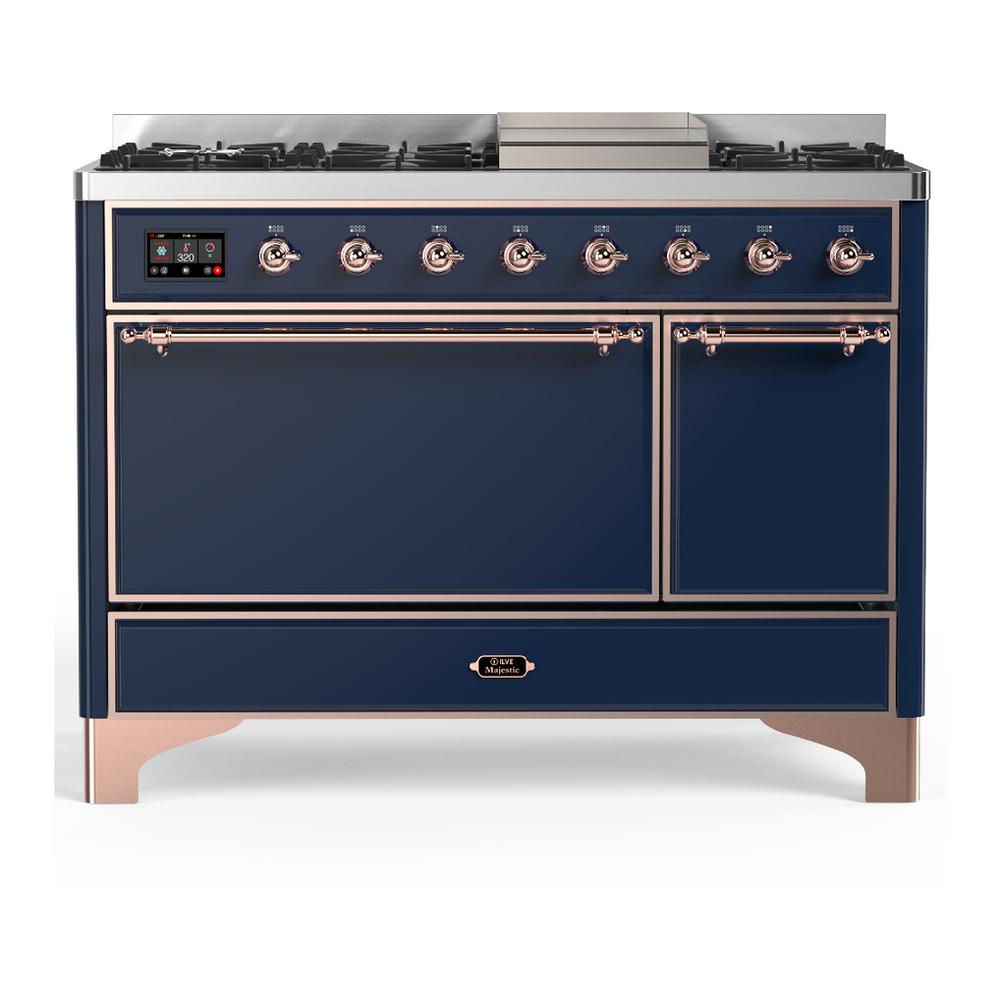 ILVE UM48FQNR3MBPLP Majestic III 48 inch Dual Fuel Range with 8 Burners and Griddle, Dual Function Burner up to 25,000 BTU (Liquid Propane, Solid Door, Midnight Blue, Copper)