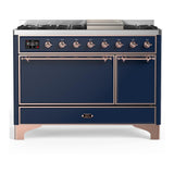 ILVE UM48FQNR3MBPLP Majestic III 48 inch Dual Fuel Range with 8 Burners and Griddle, Dual Function Burner up to 25,000 BTU (Liquid Propane, Solid Door, Midnight Blue, Copper)