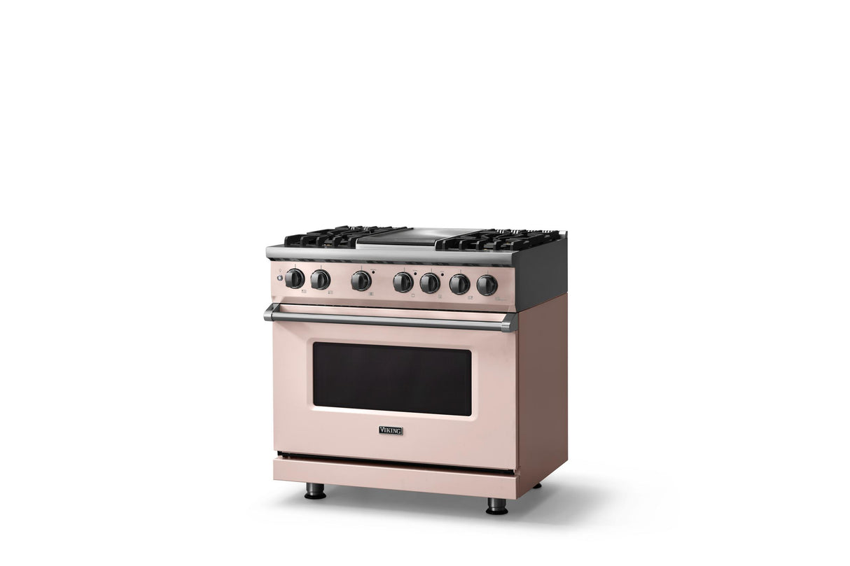 36"W. Dual Fuel Range (Burner: 4g, Finish: Blush, Trim: Polished Chrome, Fuel: Natural Gas)