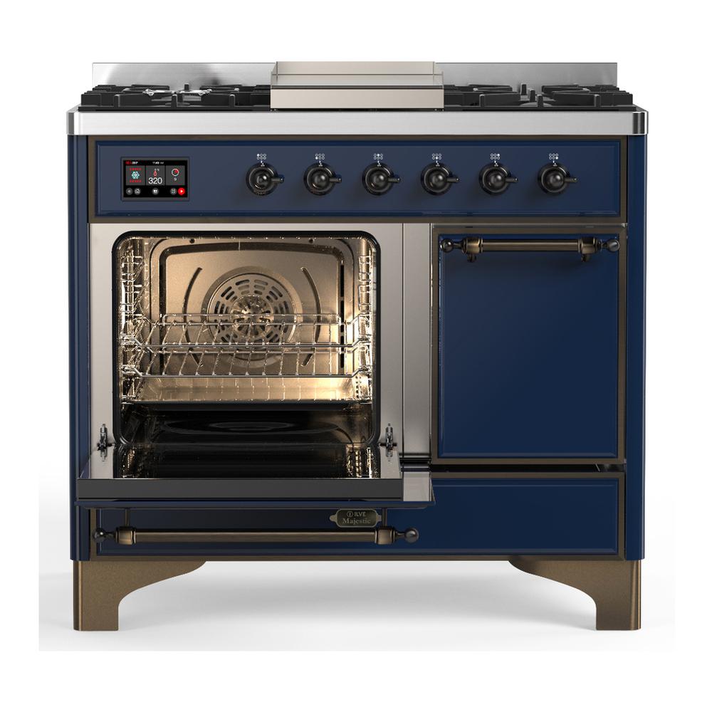 ILVE UMD40FQNR3MBB Majestic III 40 inch Dual Fuel Range with 6 Burners and Griddle, Dual Function Burner up to 25,000 BTU (Natural Gas, Solid Door, Midnight Blue, Burnished)