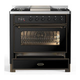 ILVE UM36FNR3BKB Majestic III 36 inch Dual Fuel Range with 6 Black Brass Burners and Griddle, Dual Function Burner up to 25,000 BTU (Triple Glass Door, Glossy Black, Burnished, Natural Gas)