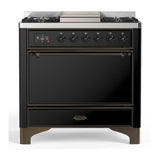 ILVE UM36FQNR3BKBLP Majestic III 36 inch Dual Fuel Range with 6 Black Brass Burners and Griddle, Dual Function Burner up to 25,000 BTU (Solid Door, Glossy Black, Burnished, Liquid Propane)