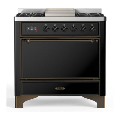 ILVE UM36FQNR3BKBLP Majestic III 36 inch Dual Fuel Range with 6 Black Brass Burners and Griddle, Dual Function Burner up to 25,000 BTU (Solid Door, Glossy Black, Burnished, Liquid Propane)