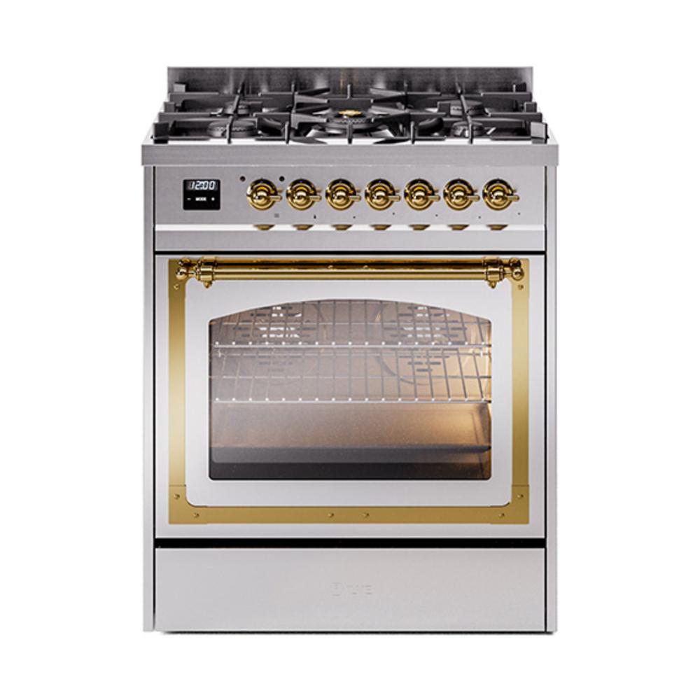ILVE UN30NMPSSGLP Nostalgie II Noblesse 30 inch Dual Fuel Range (Liquid Propane, Triple Glass Door, Stainless Steel, Brass)