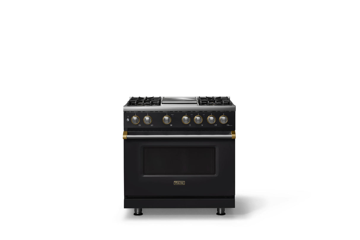 36"W. Dual Fuel Range (Burner: 4g, Finish: Onyx, Trim: Brushed Brass, Fuel: Natural Gas)