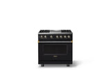 36"W. Dual Fuel Range (Burner: 4g, Finish: Onyx, Trim: Brushed Brass, Fuel: Natural Gas)
