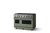 48"W. Open Burner Gas Range (Finish: Eucalyptus, Trim: Brushed Brass, Fuel: Propane)