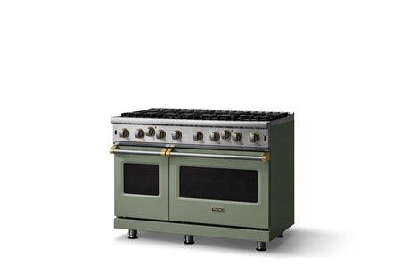 48"W. Open Burner Gas Range (Finish: Eucalyptus, Trim: Brushed Brass, Fuel: Propane)