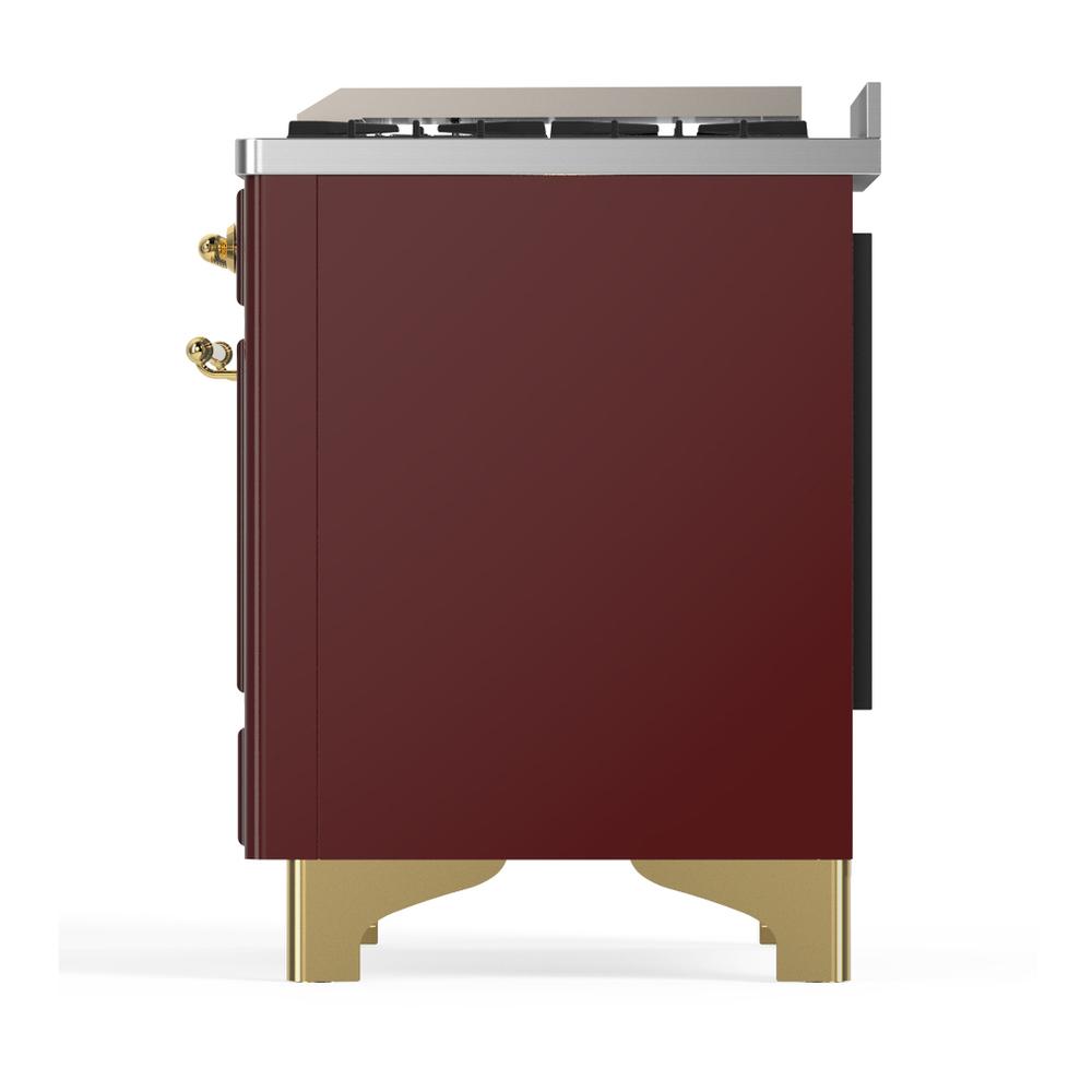 ILVE UMD40FNR3BUGLP Majestic III 40 inch Dual Fuel Range with 6 Burners and Griddle, Dual Function Burner up to 25,000 BTU (Liquid Propane, Triple Glass Door, Burgundy, Brass)