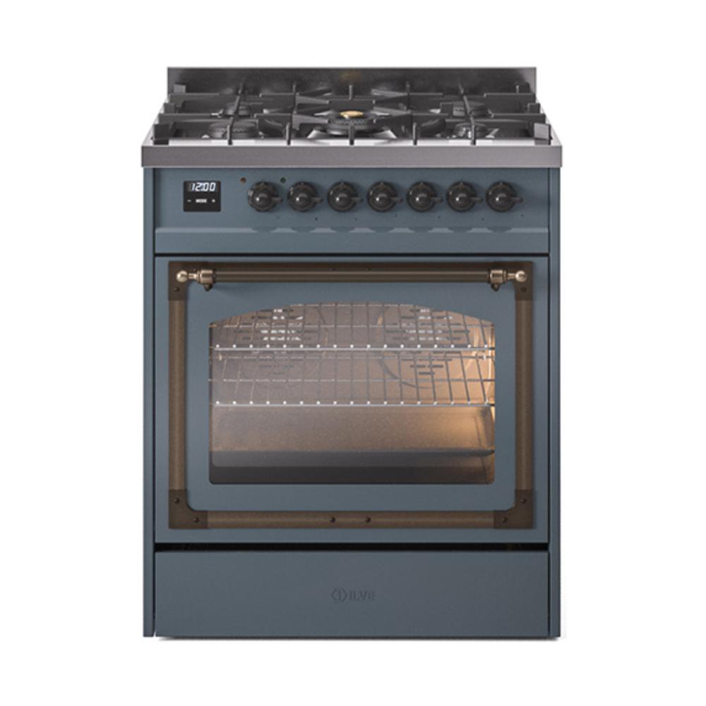 ILVE UN30NMPBGB Nostalgie II Noblesse 30 inch Dual Fuel Range (Natural Gas, Triple Glass Door, Blue Grey, Burnished)