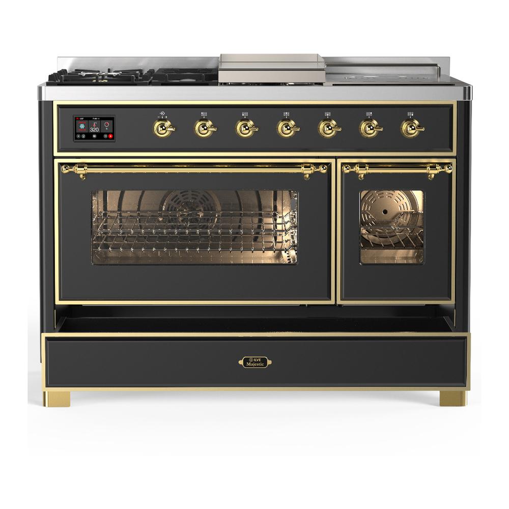 ILVE UM48FSNR3MGGLP Majestic III 48 inch Dual Fuel Range with 5 Black Brass Burners, Griddle and French Top, Dual Function Burner up to 25,000 BTU (Liquid Propane, Triple Glass Door, Graphite Matte, Brass)
