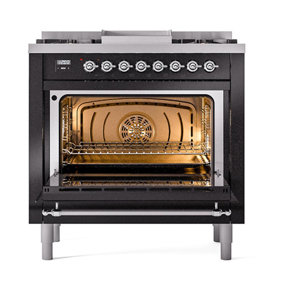 ILVE UN36FNMPBKC Nostalgie II Noblesse 36 inch Dual Fuel Range (Natural Gas, Triple Glass Door, Glossy Black, Chrome)