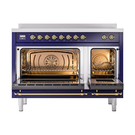 ILVE UNI486QNMPMBG Nostalgie II Noblesse 48 inch Induction Range (Solid Door, Midnight Blue, Brass)