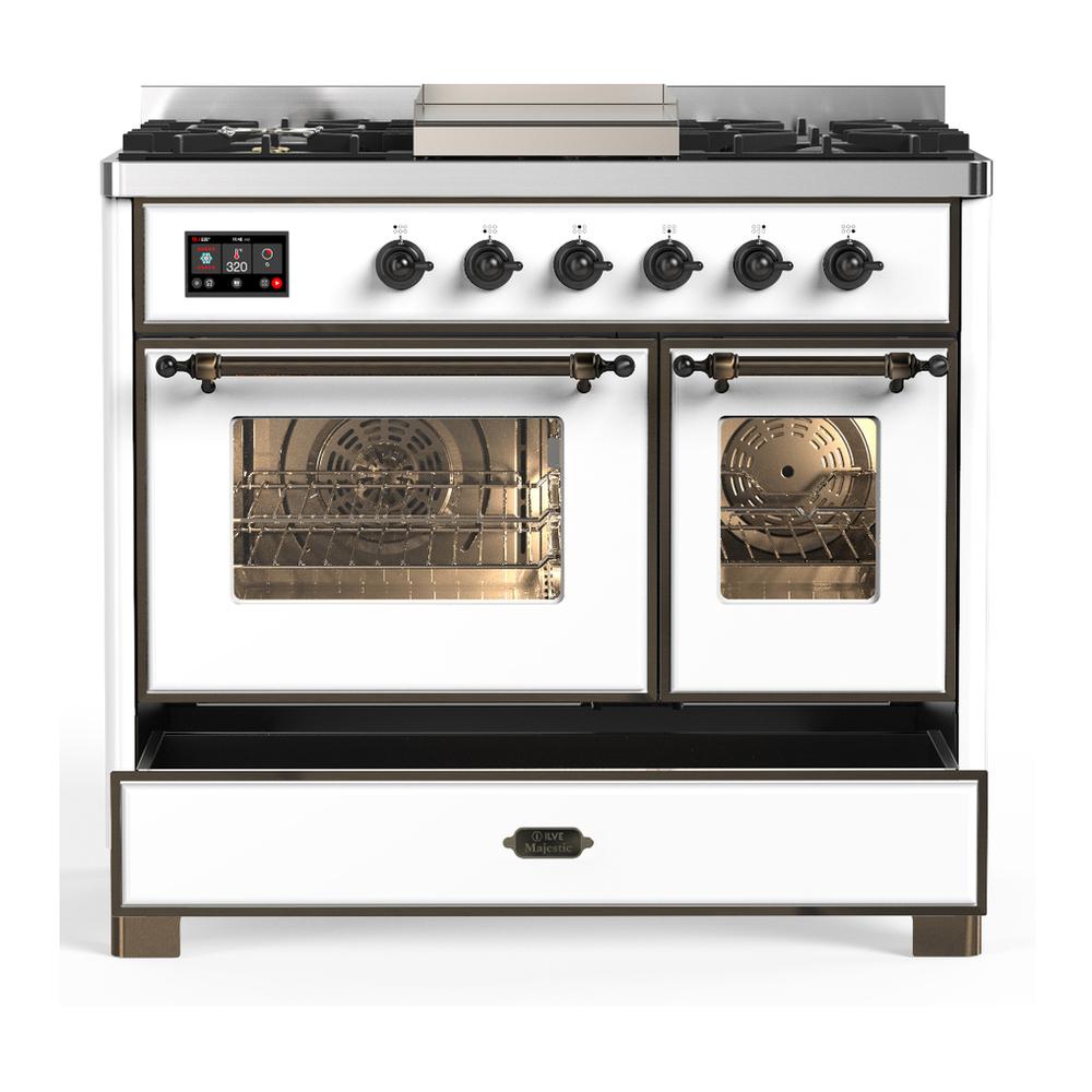 ILVE UMD40FNR3WHBLP Majestic III 40 inch Dual Fuel Range with 6 Burners and Griddle, Dual Function Burner up to 25,000 BTU (Liquid Propane, Triple Glass Door, White, Burnished)