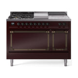 ILVE UN48FSQNMPBUB Nostalgie II Noblesse 48 inch Dual Fuel Range (5 Sealed Burners + Griddle + French Top, Natural Gas, Solid Door, Burgundy, Burnished)