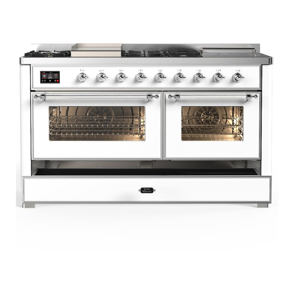 ILVE UM60FSNR3WHCLP Majestic III 60 inch Dual Fuel Range with 7 Burners, Griddle and French Top, Dual Function Burner with up to 25,000 BTU (Liquid Propane, Triple Glass Door, White, Chrome)