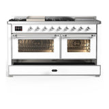 ILVE UM60FSNR3WHCLP Majestic III 60 inch Dual Fuel Range with 7 Burners, Griddle and French Top, Dual Function Burner with up to 25,000 BTU (Liquid Propane, Triple Glass Door, White, Chrome)